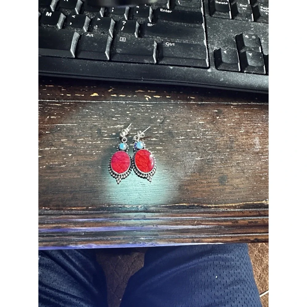 Vintage Artisan Stud Dangle Earrings 1.3 Inch Ruby Pearl 925 Sterling 10.4g‎